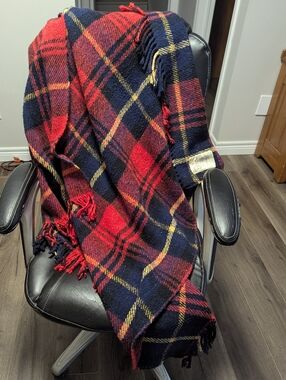 Sears. Vintage colourful blue, red, Yellow Plaid Throw . 46 X 65 Inches.